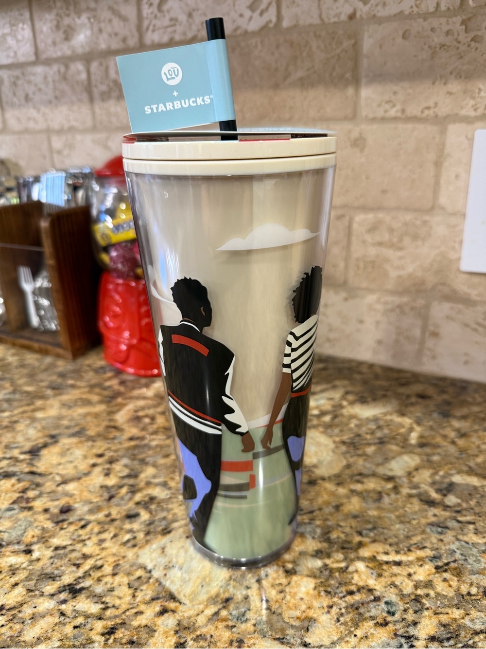 Starbucks Cream, Black and Green Illustrated Couple Travel Tumbler